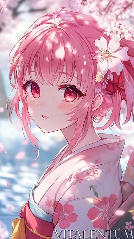 Sakura-lit anime portrait with pink kimono and blossom bokeh.