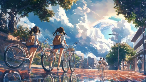 Summer schoolgirls walk their bikes under a fantastical sky.