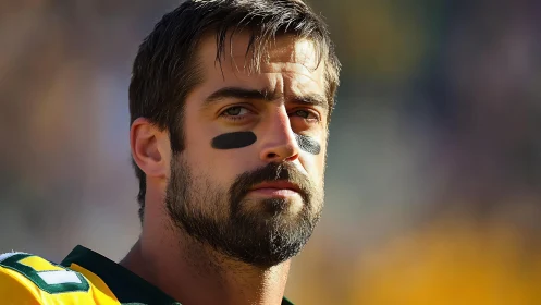 Stoic gridiron guardian in sunlit pregame focus mode.