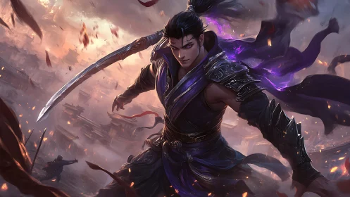 Storm-lit warrior strides through battle with shadowed power