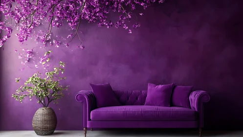 Monochrome violet lounge interior with sofa and floral canopy