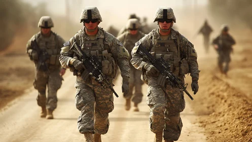 Soldiers in full combat gear advance down dusty road