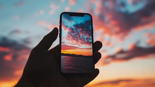 Smartphone frame isolates vivid seascape sunset with saturated sky