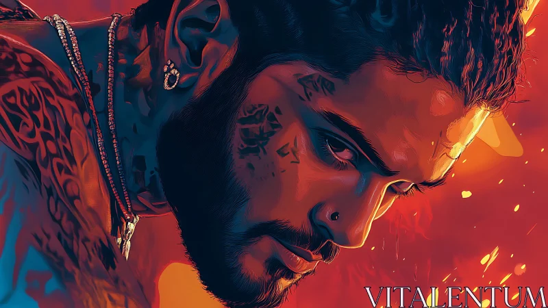 Intense tattooed portrait in blazing neon dual lighting.