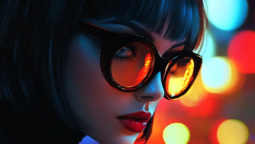 Side profile of woman with glasses in neon light environment.