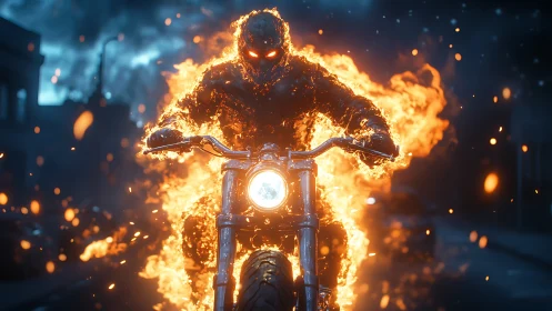 Flaming spectral rider charges through a stormy night street.