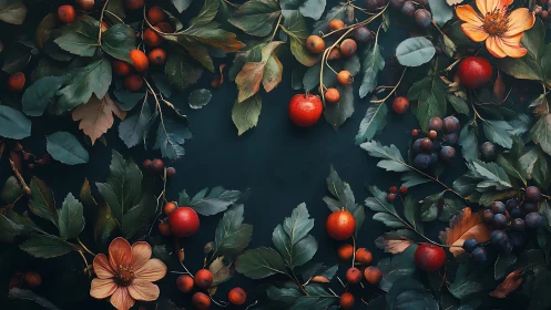 Harvest wreath of berries and blossoms frames a calm center