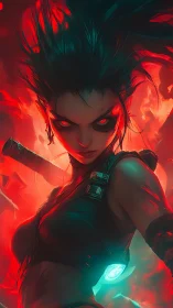 Fierce cyberpunk warrior glares through blazing red flames
