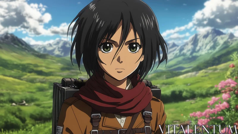 Anime soldier portrait against expansive alpine valley landscape