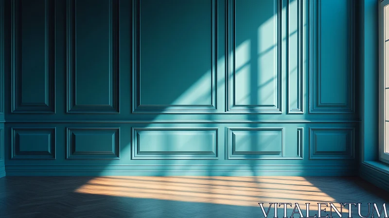 Sunlight passes across teal paneled wall in empty room
