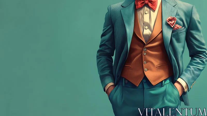 Stylish teal suit with orange waistcoat and bow tie outfit.