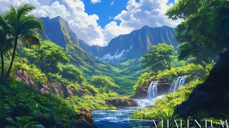 Lush tropical valley with waterfalls rendered in high-detail digital art