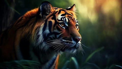 Gentle tiger gazing through glowing jungle twilight.
