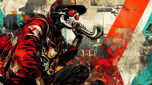 Graffiti-style skeletal saxophonist in dynamic street abstraction