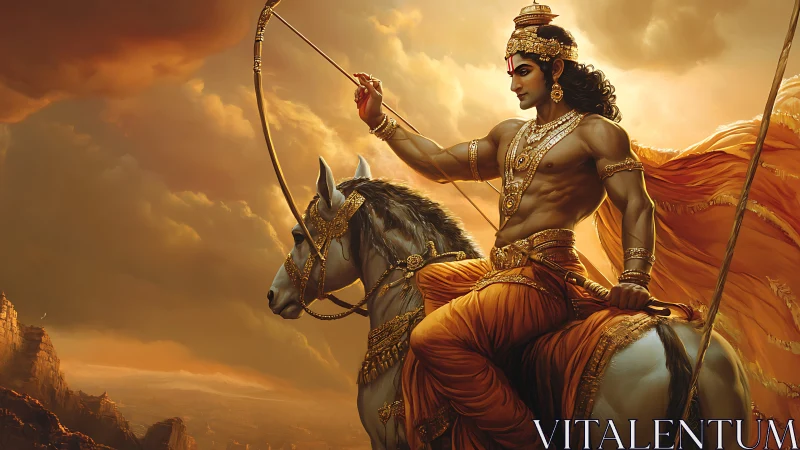 Mythic warrior prince on white horse under stormlit sky