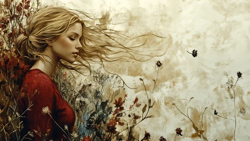 Digital painting portrait with windblown figure and wild flora.