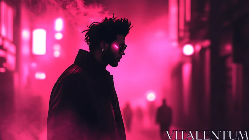 Silhouetted figure in neon-lit urban alley with pink haze.