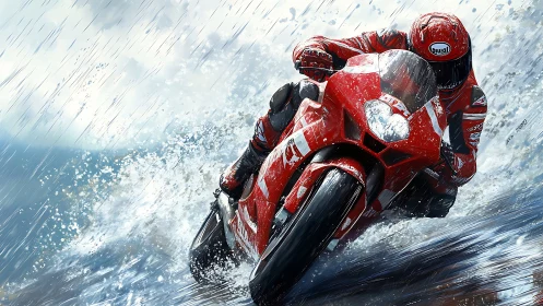 Red thunderbike storms through rain-soaked racing tempest.