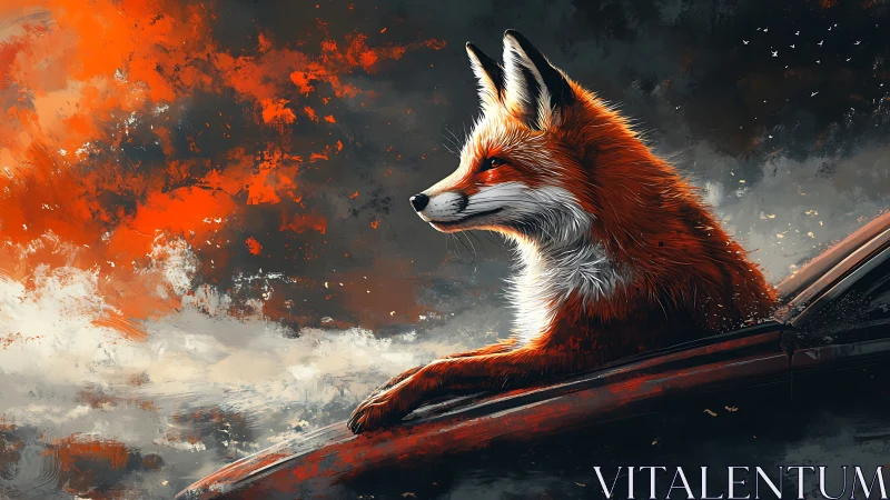 Fox leans from car window against turbulent orange sky