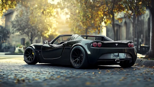Electric roadster waits on sunlit cobblestone boulevard