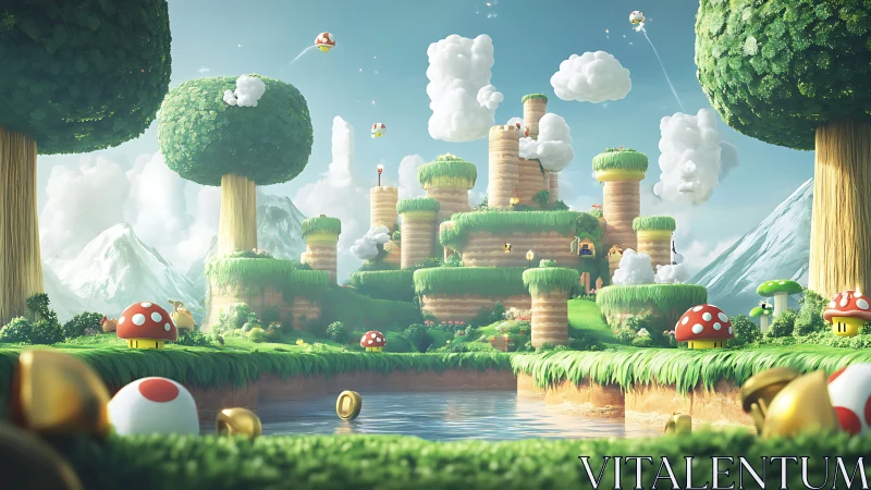 Super Mario Kingdom: Floating Castle With Toadstools and Clouds