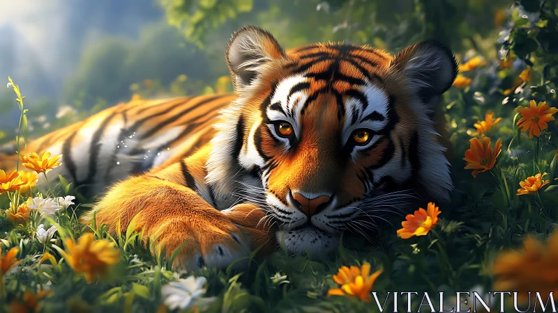 Resting tiger lies in sunlit flower meadow with intent gaze