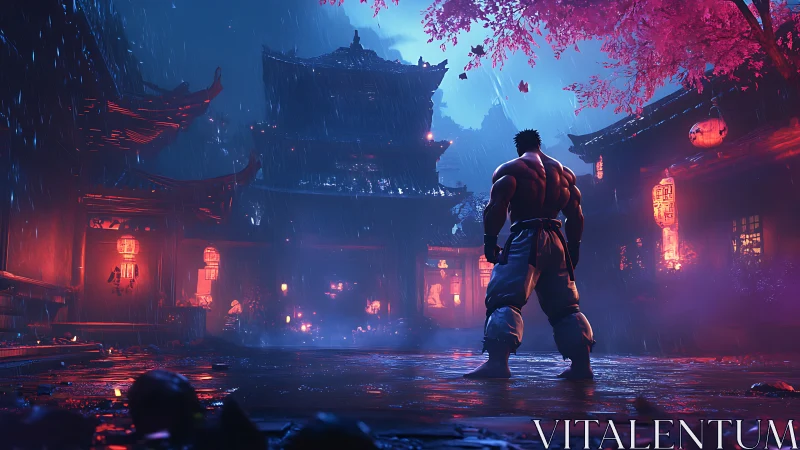 Martial artist stands in neon lit rain soaked temple street.