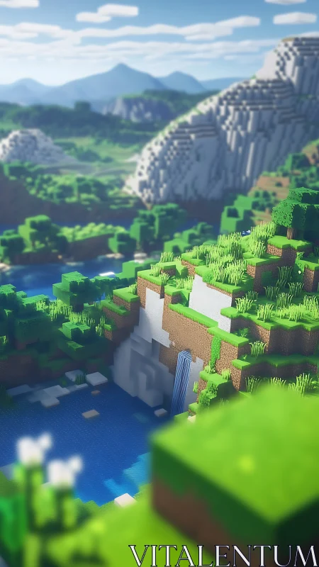 Blocky voxel landscape with cliffs, river, and mountains.