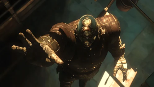 Industrial deep-sea diver exosuit reaching toward overhead light