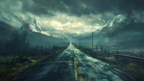 Stormlit mountain highway stretching into eerie horizon.