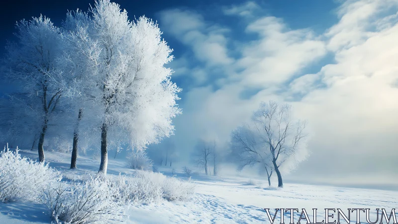 Frost-kissed trees drift through a dream-bright winter silence.