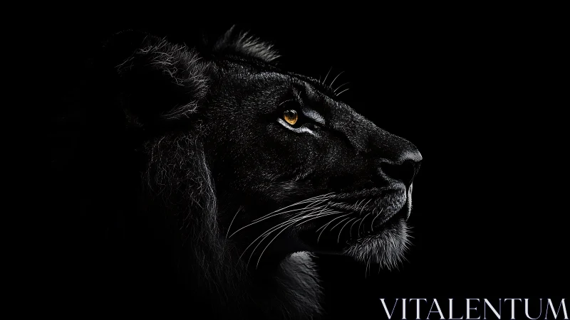 Midnight monarch lion with ember-bright hunting gaze.