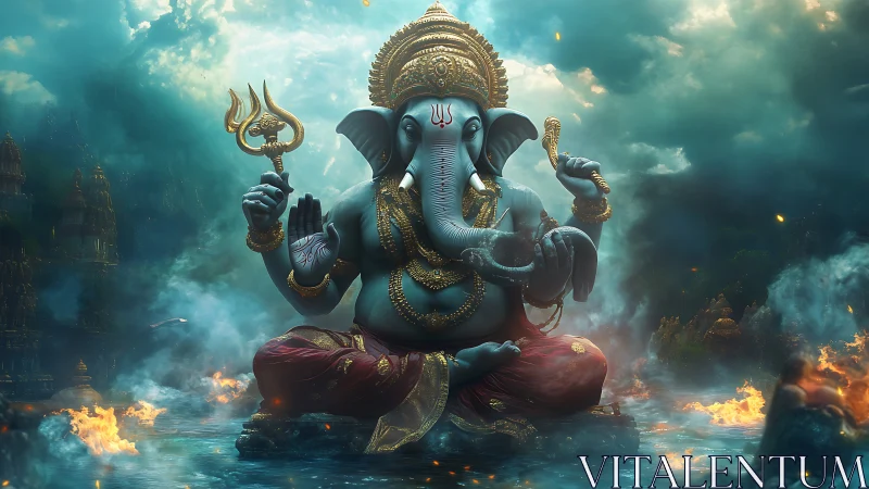 Celestial Ganesha rises amid storm-lit sacred waters.