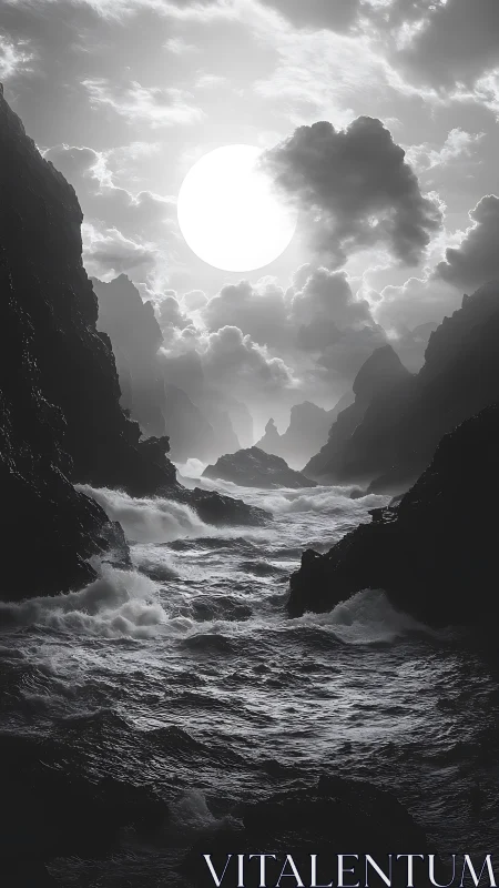 Monochrome seascape with towering cliffs and luminous sun.