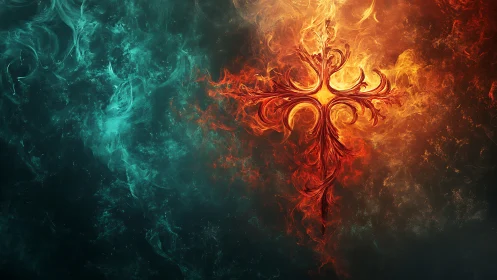Fiery baroque cross carves molten light through swirling dusk