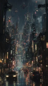 Rain-soaked cyberpunk megacity street with neon reflections.