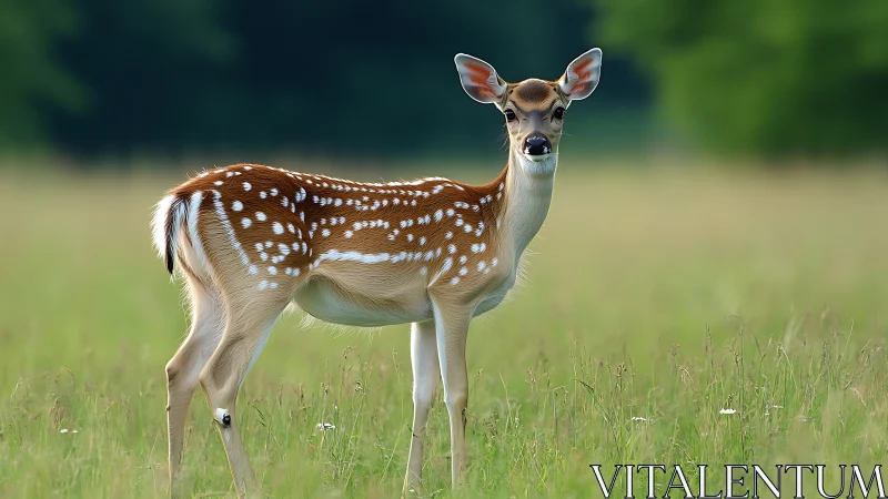Photorealistic fawn study in shallow-depth meadow setting.