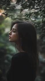 Quiet profile portrait in soft green forest light.