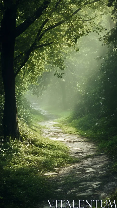Forest path filtered in golden-green light beneath tree canopy