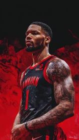 Basketball player in red and black uniform stands against abstract red