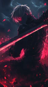 Digital painting of a crimson-lit swordsman in dramatic backlight.