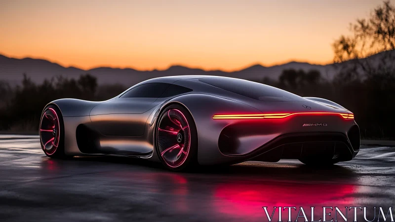 Futuristic silver concept sports car at sunset on wet road.