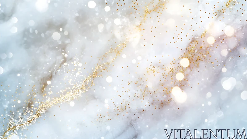 Iridescent marble surface glows with drifting golden bokeh