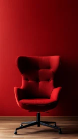 Red modern lounge chair against monochrome wall.