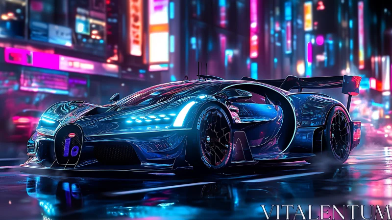 Neon drenched supercar glides through a glowing cyber city night