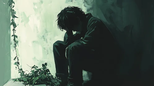 Quiet moment of reflection in a shadowed green corner.