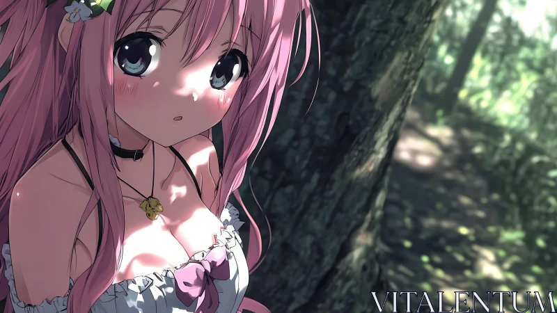 Pink haired anime girl in forest dappled sunlight close up