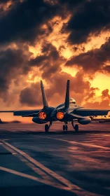 Photoreal jet fighter on runway under incendiary sunset sky.