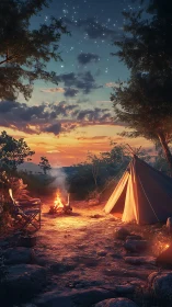 Camping tent and campfire under twilight sky with stars