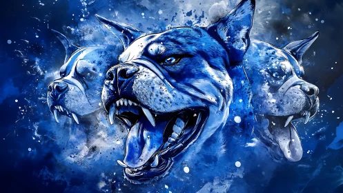 Triple blue dog heads in dynamic digital illustration.